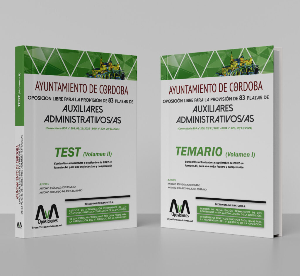 Temario y Test y servicio de acceso gratuito a actualizaciones y supuestos prácticos de la oposición libre para la provisión de 83 plazas de Auxiliares Administrativos/as del Ayuntamiento de Córdoba